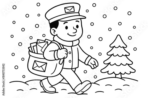 Winter Mailman Coloring. Winter mail delivery children?s coloring book illustration, outlined drawing, postman