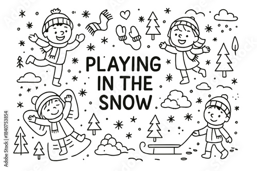 Snow Play Doodle. Playing in the snow. Hand-drawn doodle illustration of Playing in the snow. children,