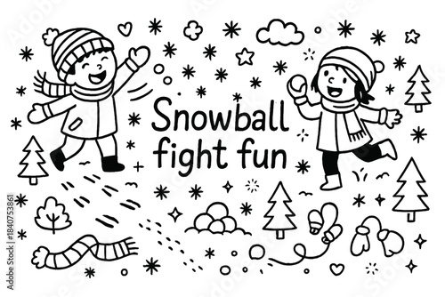 Snowball Fight Doodle. Snowball fight fun. Hand-drawn doodle illustration of Snowball fight fun. kids,