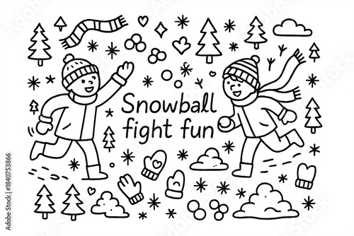 Snowball Fight Doodle. Snowball fight fun. Hand-drawn doodle illustration of Snowball fight fun. kids,