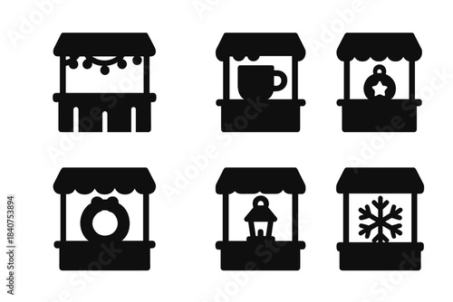 Holiday Market Icons. Holiday market stalls. Filled icon set of holiday market stalls: stall with lights, mug,