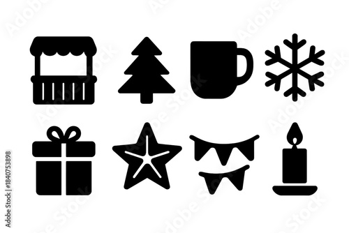 Winter Stall Icons. Winter stalls. Filled icon set of winter stalls: wooden booth, pine tree, mug, snowflake,