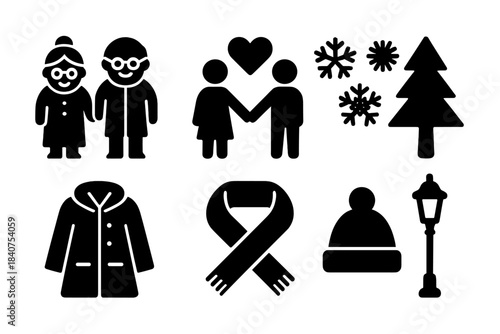 Winter Love Icons. Winter love story. Filled icon set of winter love story: elderly couple, holding hands,
