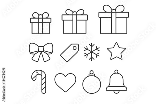 Gift Box Icon Set. Gift Box Set. Line outline icon set of Gift Box Set: small box, medium box, large box, bow,