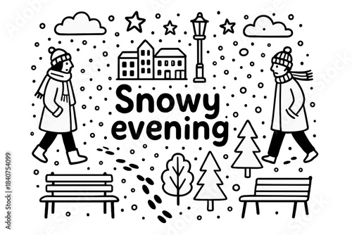 Snowy Evening Doodle. Snowy evening. Hand-drawn doodle illustration of snowy evening. Falling snow, people