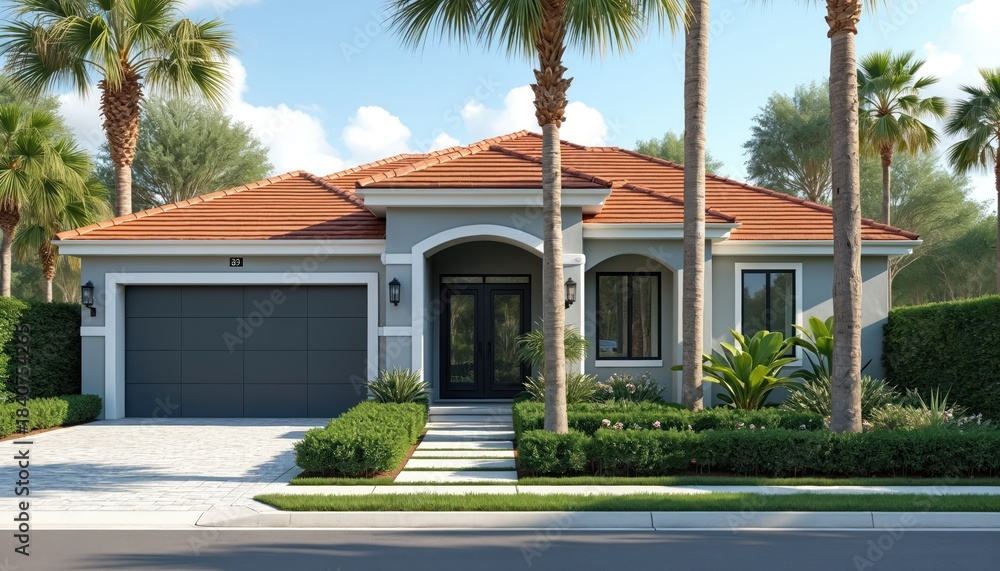 Fototapeta premium Modern house with grey walls, arched entrance, double door, garage, and tiled roof. Tropical palm trees surround manicured green bushes and garden beds. Driveway leads to the front of the residence.