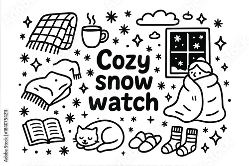 Cozy Snow Watch. Cozy snow watch. Hand-drawn doodle illustration of cozy snow watch. Blanket, steaming mug,