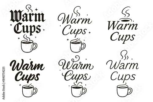 Warm Cups Calligraphy. Warm Cups. Create a calligraphy lettering illustration of the phrase: Warm Cups. Render