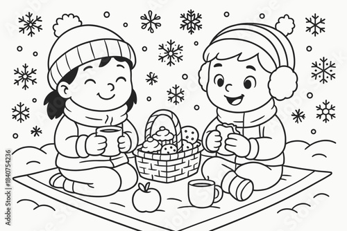 Winter Picnic Fun. Winter picnic in the snow children?s coloring book illustration, outlined drawing, children