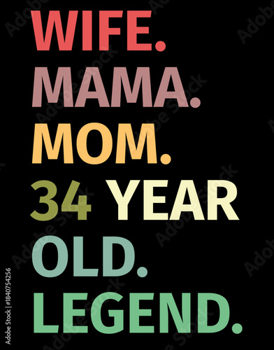 Wife Mama Mom 34-Year-Old Legend – Retro Birthday Typography T-Shirt Design for Mothers Day, Anniversary & Family Gifts