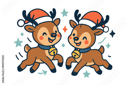 Kawaii Reindeer Fun. Reindeer friends. Two small kawaii reindeer with Santa hats, prancing together with