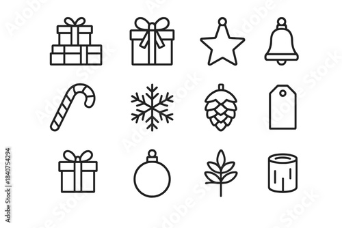 Festive Icon Set. Christmas Gift Pile. Line outline icon set of Christmas Gift Pile: gift stack, ribbons, bows