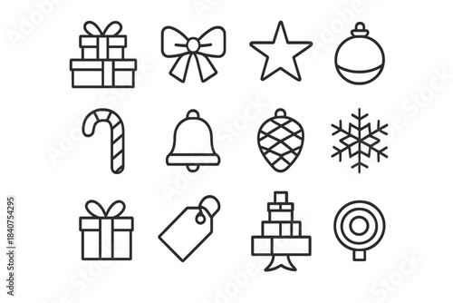 Stacked Festive Icons. Festive Gift Stack. Line outline icon set of Festive Gift Stack: pile of gifts, bows,