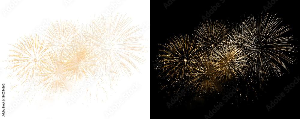 Fototapeta premium Golden fireworks. Festive fireworks explosions. A festive effect for New Year's and Christmas designs.