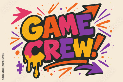 Vibrant Graffiti Art. Game Crew ? Graffiti Simplified; chunky bubble letters with tilted layout, puzzle piece
