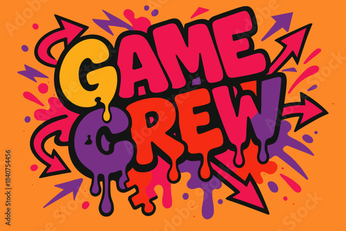 Vibrant Graffiti Art. Game Crew ? Graffiti Simplified; chunky bubble letters with tilted layout, puzzle piece