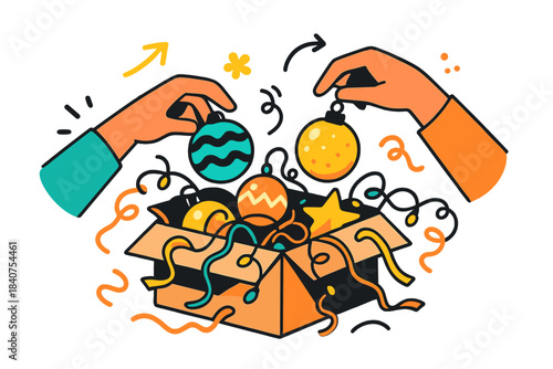 Festive Unboxing Chaos. Holiday unpacking. Hands reaching into a box overflowing with ornaments, fairy lights