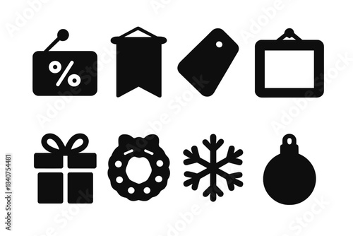 Holiday Icon Set. Holiday signage. Filled icon set of holiday signage: discount sign, hanging banner, sale tag