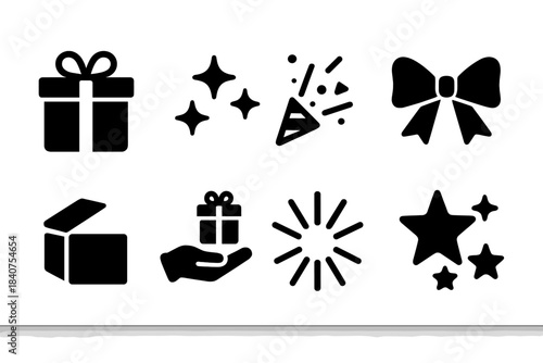 Surprise Icon Set. Surprise elements. Filled icon set of surprise elements: gift box, sparkles, confetti,