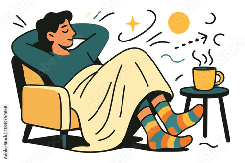 Cozy Morning Vibe. Lazy morning. Person lounging with blanket draped over legs, colorful socks visible, mug on