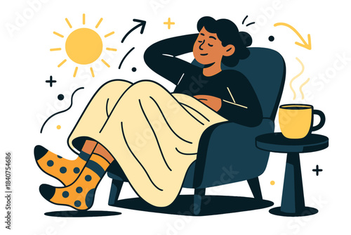 Cozy Morning Vibe. Lazy morning. Person lounging with blanket draped over legs, colorful socks visible, mug on