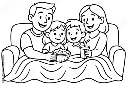 Family Movie Night. Family cuddles during movie children?s coloring book illustration, outlined drawing,