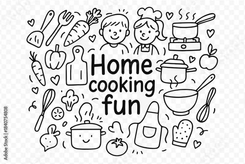 Home Cooking Doodle. Home cooking fun. Hand-drawn doodle illustration of Home cooking fun. family, stove, pots