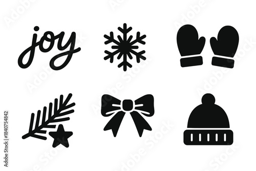 Festive Winter Icons. Festive text design. Filled icon set of festive text design: modern lettering, snowflake