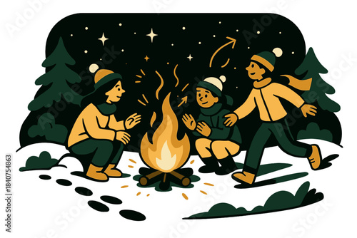 Glowing Campfire Serenity. Night warmth. Campfire glowing in snowy wilderness, footprints in snow leading to