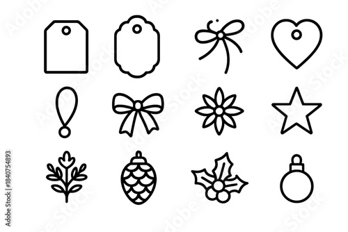 Classic Holiday Icons. Classic Holiday Tags. Line outline icon set of Classic Holiday Tags: rectangular tag,