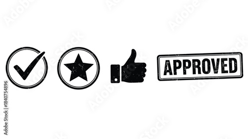 Positive feedback icons representing approval success and quality with a check star and thumbs up