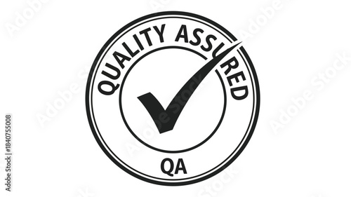 A circular black and white stamp displaying the phrase quality assured with a checkmark