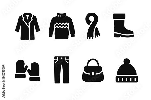 Winter Chic Icons. Winter chic. Filled icon set of winter chic: wool coat, knit sweater, scarf, boots, mittens