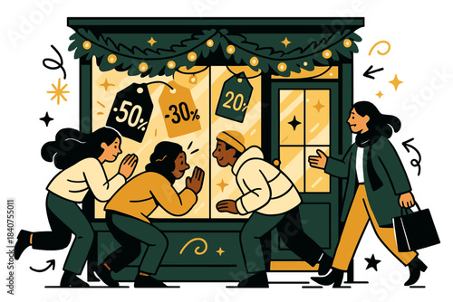 Festive Storefront Glow. Festive storefront. Shop window glowing with Christmas lights, garlands, and colorful