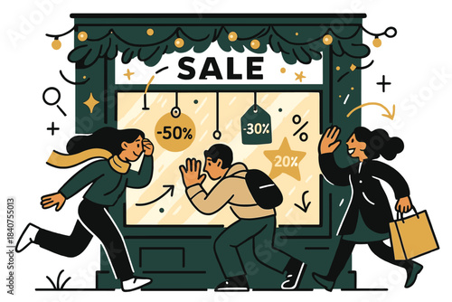 Festive Storefront Glow. Festive storefront. Shop window glowing with Christmas lights, garlands, and colorful