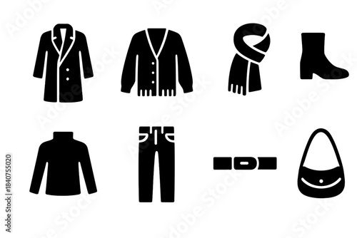 Layered Outfit Icons. Layered outfits aesthetic. Filled icon set of layered outfits aesthetic: long coat,
