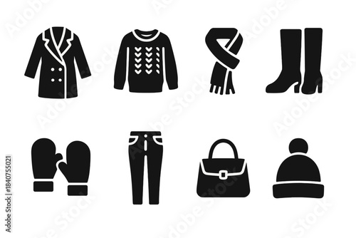 Winter Chic Icons. Winter chic. Filled icon set of winter chic: wool coat, knit sweater, scarf, boots, mittens