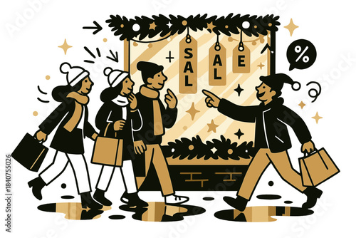 Festive Store Window. Christmas shopping. Shoppers stopping to admire a store window decorated with garlands,