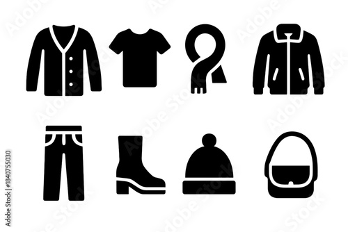 Casual Layers Icons. Casual layers. Filled icon set of casual layers: cardigan, t-shirt, scarf, jacket, jeans,