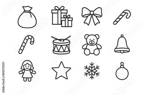 Christmas Gift Icons. Christmas Sack of Gifts. Line outline icon set of Christmas Sack of Gifts: Santa?s sack,