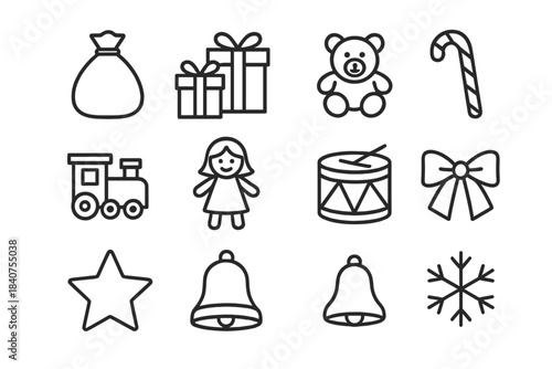 Holiday Gift Bag Icons. Holiday Gift Bag Set. Line outline icon set of Holiday Gift Bag Set: Santa?s bag, gift