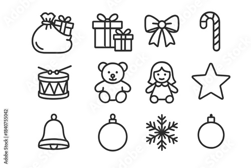 Christmas Gift Icons. Christmas Sack of Gifts. Line outline icon set of Christmas Sack of Gifts: Santa?s sack,