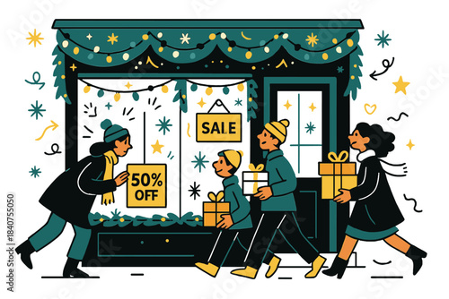 Festive Storefront Scene. Festive shopfront. Storefront lit with multicolor Christmas lights, garlands, and