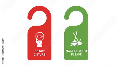 Red and green door hangers displaying do not disturb and make up room requests