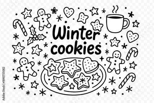 Winter Cookie Doodles. Winter cookies. Hand-drawn doodle illustration of winter cookies. Plate, gingerbread