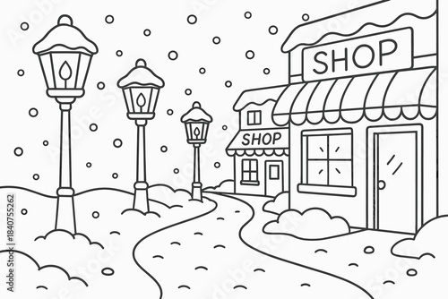 Winter Coloring Book Scene. Snowy street lamps and shops children?s coloring book illustration, outlined