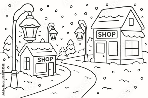 Winter Coloring Book Scene. Snowy street lamps and shops children?s coloring book illustration, outlined