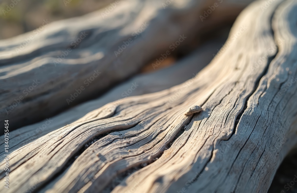 Fototapeta premium Close up of weathered driftwood texture. Natural wood grain lines and cracks create abstract patterns. Gray timber displays rough surface, eroded by time and climate.