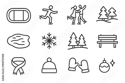 Winter Skating Icons. Winter Skaters Collection. Line outline icon set of Winter Skaters Collection: ice rink,