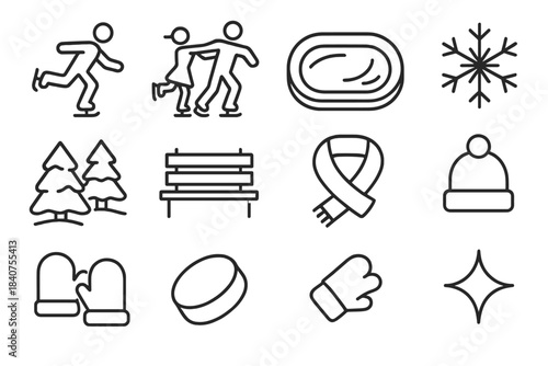 Winter Ice Icon Set. Winter Ice Fun. Line outline icon set of Winter Ice Fun: skater, pair skating, ice rink,